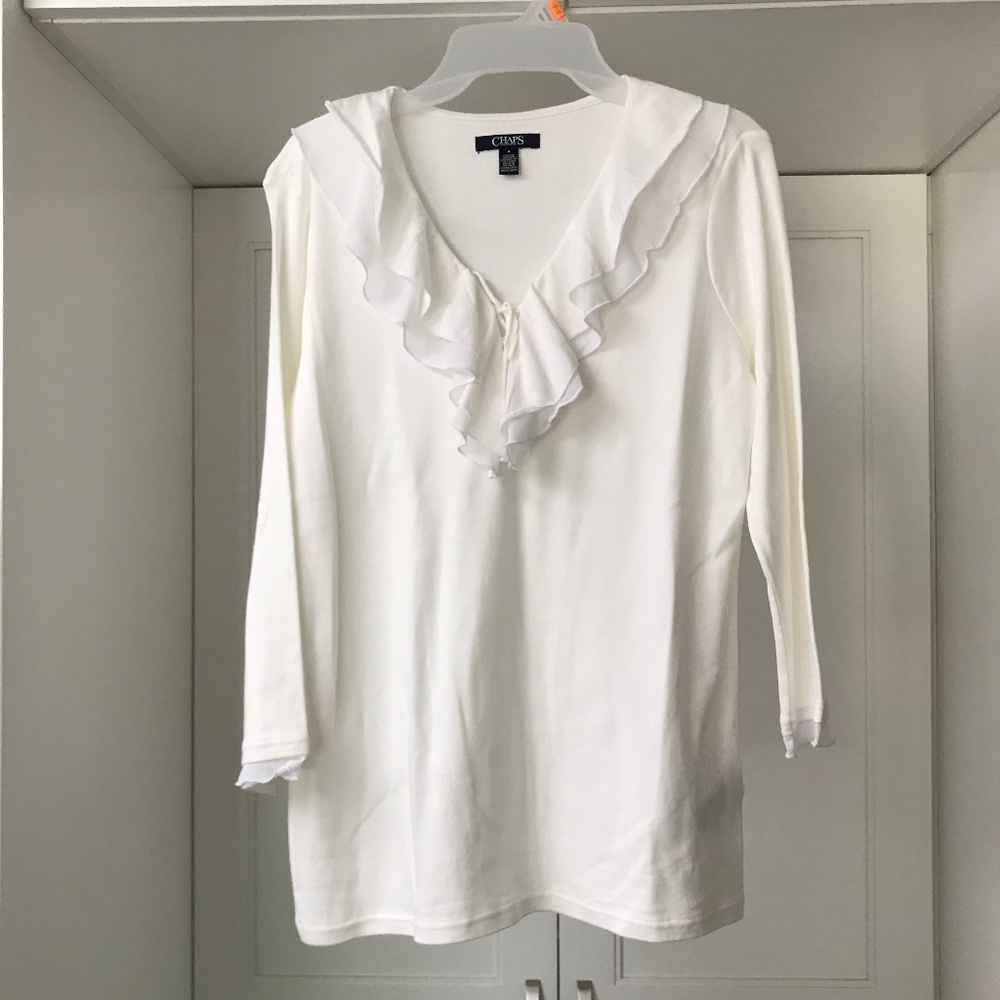 Chaps Ralph Lauren Ruffle V Neck 3/4 Sleeve Shirt US M White NWOT
